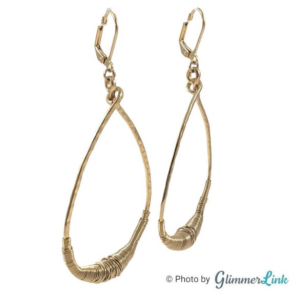 Double Happiness Wire Wrapped Hammered Teardrop Gold Tone Earrings - Picture 3 of 8